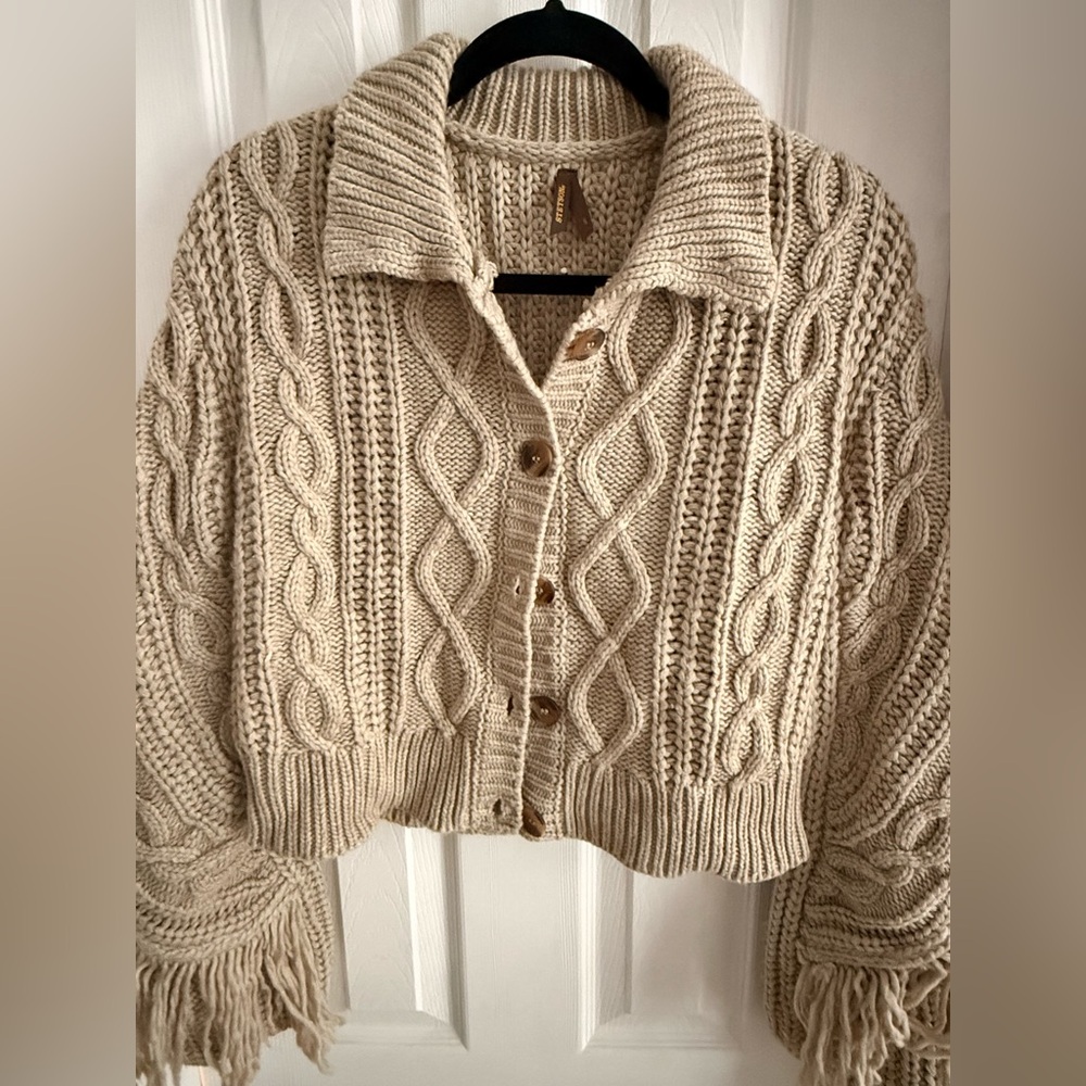 Stetson Cream Cable Knit Button-Front Fringe Cardigan